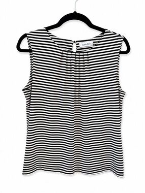 Calvin Klein Black White Striped Sleeveless Blouse Pleated Front Size L